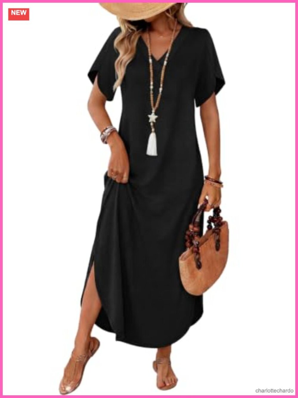 Womens Maxi Dress Short Sleeve V Neck Sundress Side Slit Pockets Casual Beach